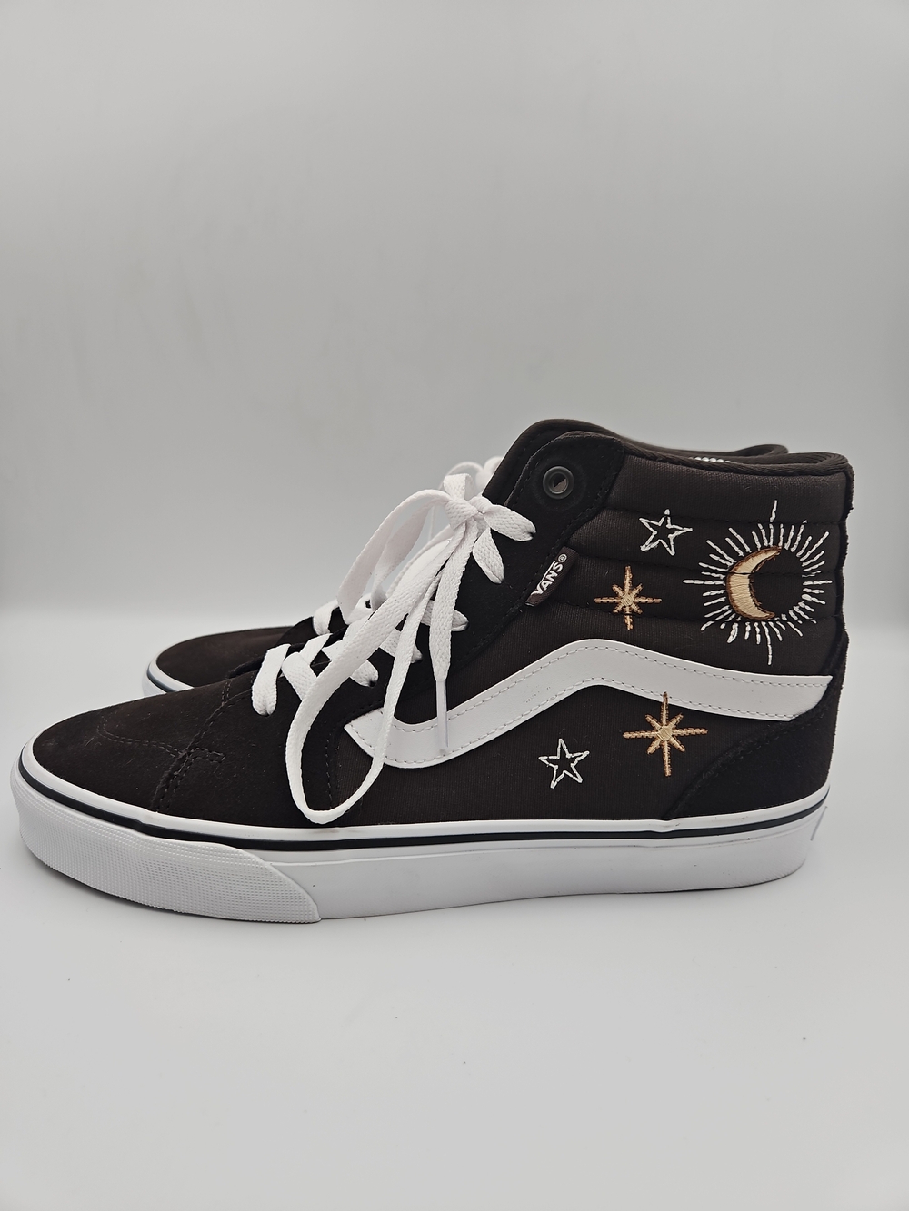 Vans Black High-Top Sneakers with White Stripe & Moon Embroidery